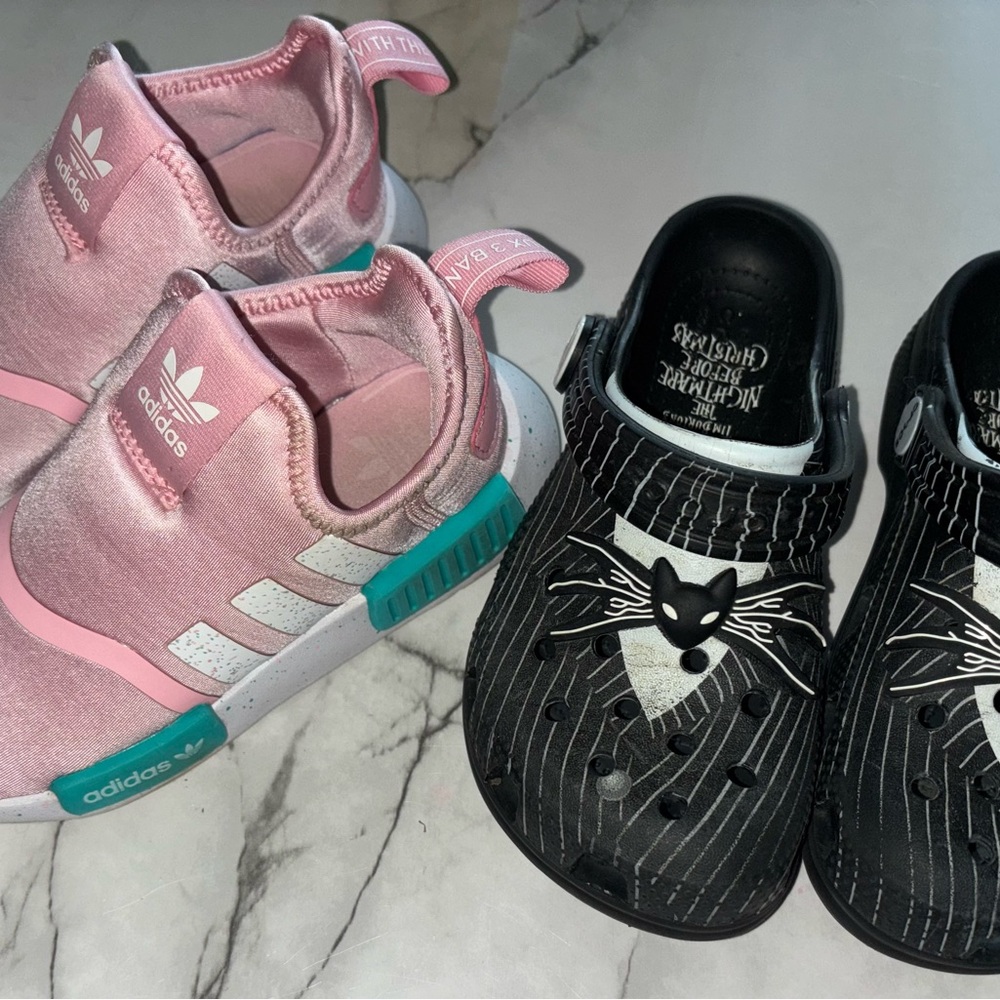 Adidas Kids Pink Sneakers and Black jack skelington crocs bundle size 12
